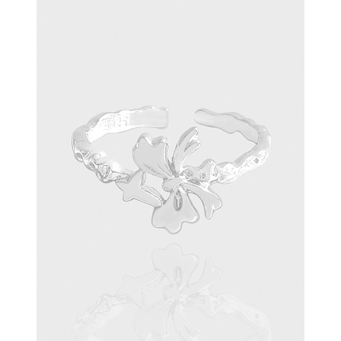 925 Sterling Silver Bowknot Ring For Women Irregular Hammer Texture Adjustable Open Ring Minimalist Korean Jewelry Gift