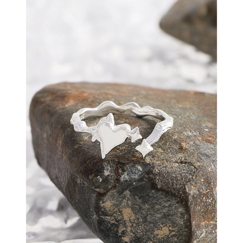 S925 Sterling Silver Open Ring For Women Korean Ins Style Heart And Cross Star Adjustable Wave Texture Finger Ring Jewelry