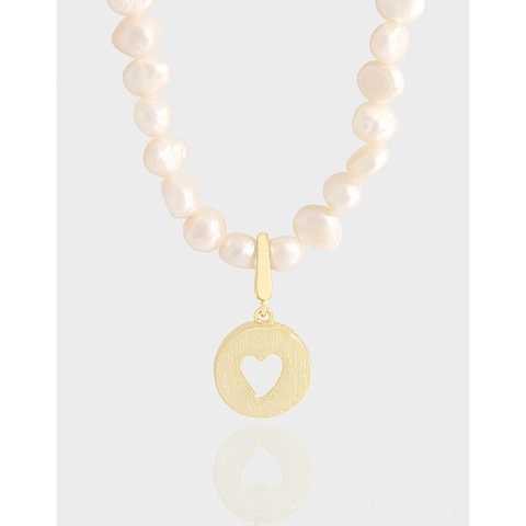 S925 Sterling Silver Baroque Freshwater Pearl Necklace For Women Heart Cutout Circular Disc Pendant Retro Jewelry