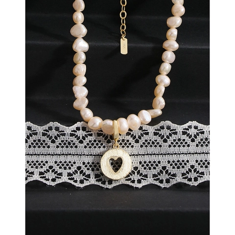 S925 Sterling Silver Baroque Freshwater Pearl Necklace For Women Heart Cutout Circular Disc Pendant Retro Jewelry