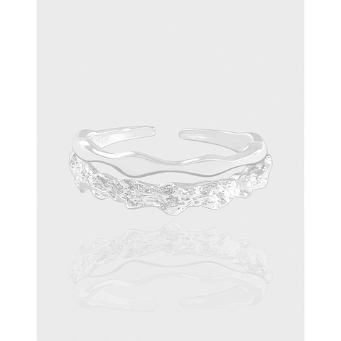 S925 Sterling Silver Double Layer Open Ring For Women Irregular Lava Texture Wave Design Minimalist Adjustable Finger Ring Fashion Jewelry