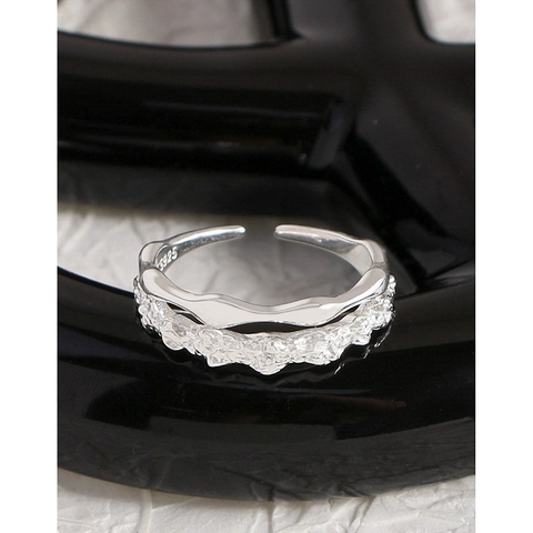 S925 Sterling Silver Double Layer Open Ring For Women Irregular Lava Texture Wave Design Minimalist Adjustable Finger Ring Fashion Jewelry