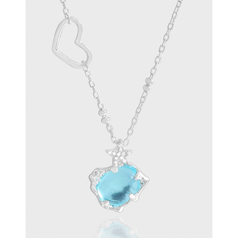 S925 Sterlingsilber Blau Kristall Herz Stern Anhänger Halskette Für Damen Koreanisch Doppellagig Schlüsselbeinkette Schmuck