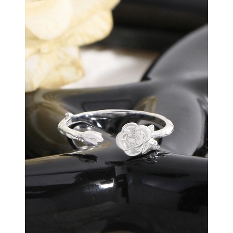Rose Flower Bud Adjustable Open Ring 925 Sterling Silver Vintage French Style Dainty Floral Jewelry For Women Girls Gift
