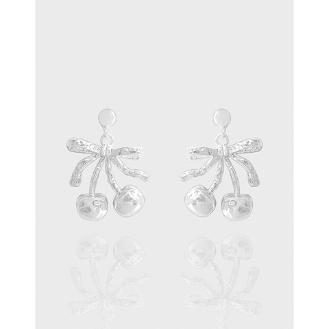 925 Sterling Silver Cherry Bow Stud Earrings Rhinestone Sweet Fruit Style Jewelry Accessories For Women Daily Party Wear