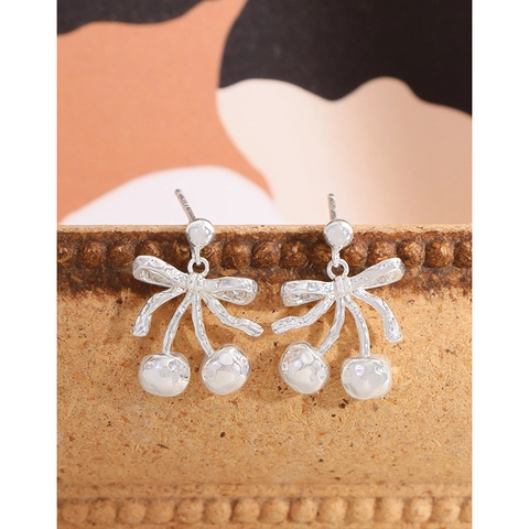 925 Sterling Silver Cherry Bow Stud Earrings Rhinestone Sweet Fruit Style Jewelry Accessories For Women Daily Party Wear