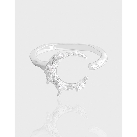 925 Sterling Silver Zirconia Moon Ring For Women Irregular Texture Minimalist Adjustable Open Finger Ring Fashion Jewelry