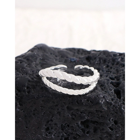Anello Aperto in Argento Sterling S925 a Doppio Strato con Corda Intrecciata da Donna Minimalista Regolabile Gioielli