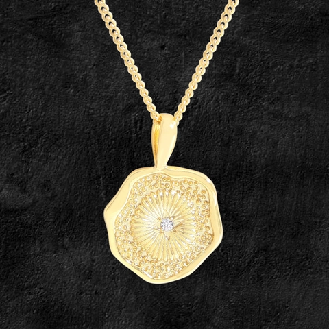 925 Sterling Silver Irregular Round Pendant Necklace For Women 18K Gold Plated Rhinestone Sunburst Starburst Necklace Jewelry