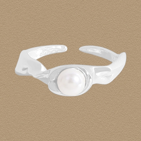 S925 Sterlingsilber Unregelmäßige Textur Künstliche Perle Offener Ring Für Damen Minimalistischer Verstellbarer Flüssigmetall Ring
