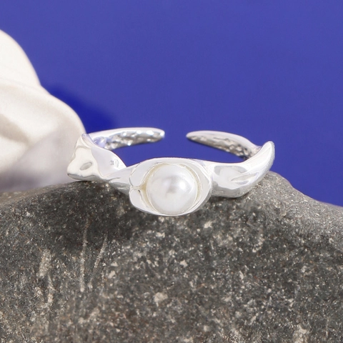 S925 Sterlingsilber Unregelmäßige Textur Künstliche Perle Offener Ring Für Damen Minimalistischer Verstellbarer Flüssigmetall Ring