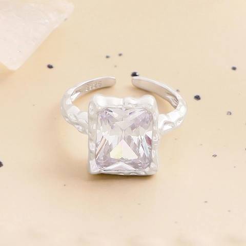 Anello Aperto Regolabile in Argento Sterling 925 Trama Lavica per Donna Grande Strass Rettangolare Gioielli di Lusso Leggero