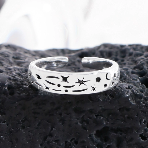 S925 Sterling Silver Star Moon Celestial Open Ring For Women Minimalist Engraved Adjustable Fashion Jewelry Finger Ring