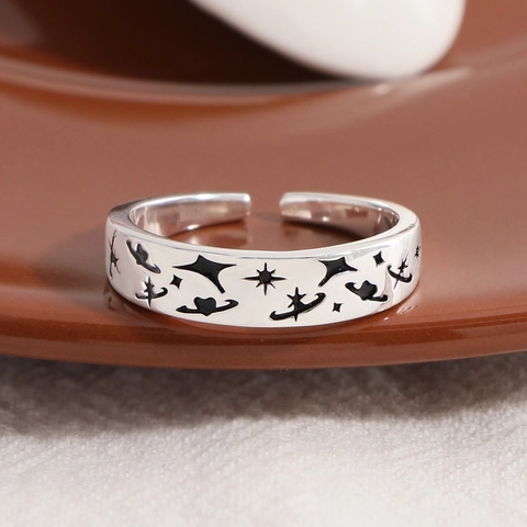 S925 Sterlingsilber Offener Ring Für Damen Planet Stern Herz Graffiti Verstellbarer Fingerring Minimalistischer Schmuck