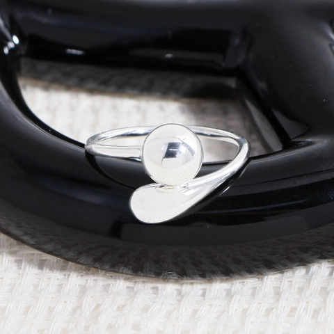 Anillo Ajustable Abierto de Plata de Ley 925 Minimalista Diseño Geométrico Bola Gota de Agua Joyería Para Mujer