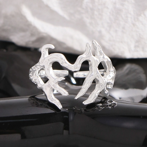 Anillo de Corazón de Plata de Ley S925 Textura de Lava Metal Líquido Anillo Abierto Ajustable Joyería Minimalista Mujer