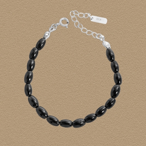 925 Sterlingsilber Schwarzer Achat Perlenarmband Für Damen Minimalist Elegant Oval Reisperle Verstellbare Kette Handschmuck Geschenk