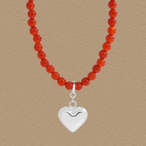 925 Sterling Silver Red Agate Beaded Heart Pendant Necklace For Women Minimalist Korean INS Style Clavicle Chain Jewelry Gift