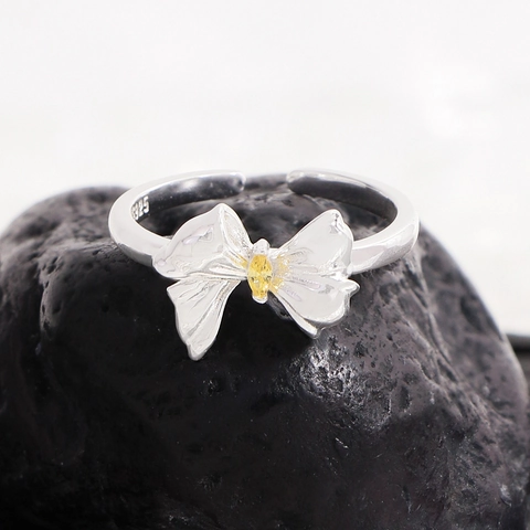 Korean Style Marquise Yellow Zirconia Bowknot Ring S925 Sterling Silver Adjustable Minimalist Finger Ring Jewelry For Women