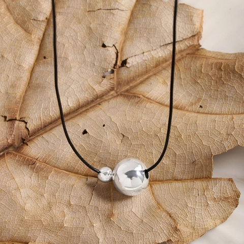Collar de Colgante de Bola de Plata de Ley 925 Para Mujer Cordón Negro Ajustable Joyería Geométrica Minimalista Pulida