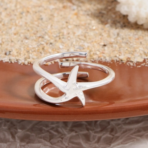 Minimalist 925 Sterling Silver Starfish Open Ring For Women Adjustable Rhinestone Sea Theme Fashion Jewelry Finger Ring Gift