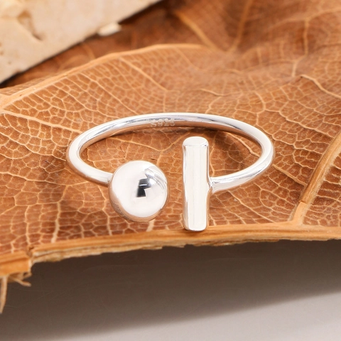 S925 Sterlingsilber Minimalistischer Geometrischer Offener Ring Asymmetrischer Rundperlen T-Stab Verstellbarer Fingerring Für Damen