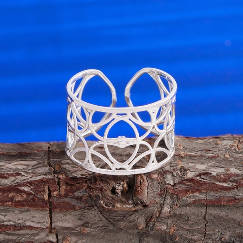 Breiter Geometrischer Hohlring Gittergeflecht Offener Ring 925 Sterlingsilber Verstellbar Vintage Schmuck Damen