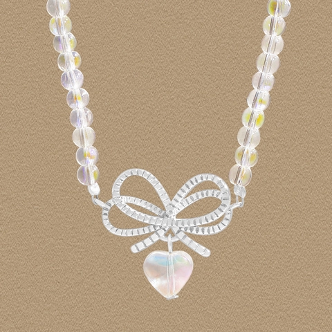 Elegante Collar de Plata de Ley 925 Con Lazo Y Corazón para Mujer Choker de Cuentas de Cristal Artificial Irisado Joyería Regalo