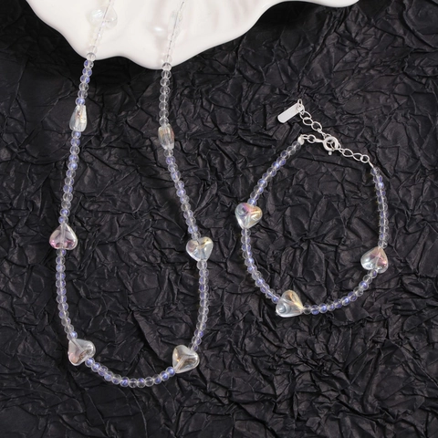 Collana con Perline a Cuore in Argento Sterling S925 per Donna Perline di Cristallo Artificiale Cangiante Gioielli Moda
