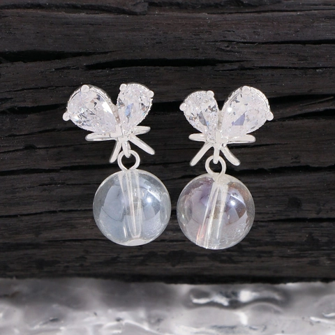 Pendientes de Botón con Lazo de Mariposa de Plata de Ley 925 Con Cuenta Aurora Idiscente Strass Incrustado Joyería Coreana Mujer