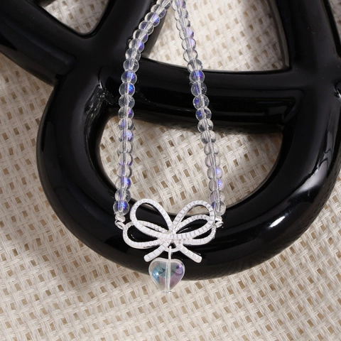 Elegante Collar de Plata de Ley 925 Con Lazo Y Corazón para Mujer Choker de Cuentas de Cristal Artificial Irisado Joyería Regalo