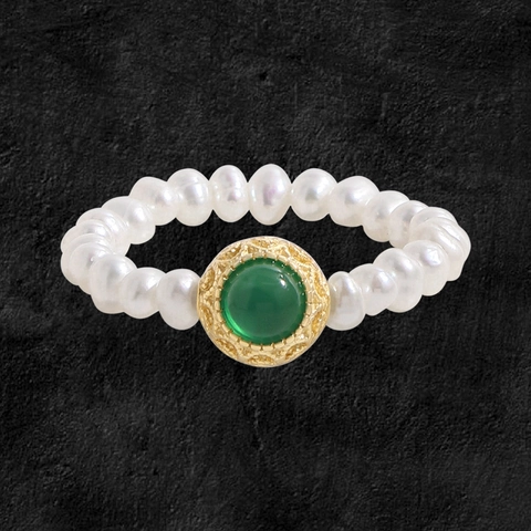 925 Sterling Silver Green Agate Freshwater Pearl Beaded Ring Vintage Luxury Retro French Style Finger Ring For Women Jewelry