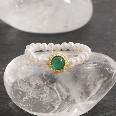 925 Sterling Silver Green Agate Freshwater Pearl Beaded Ring Vintage Luxury Retro French Style Finger Ring For Women Jewelry