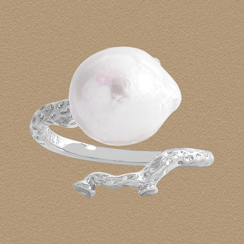925 Sterling Silver Baroque Artificial Pearl Open Ring For Women Lava Texture Branch Design Adjustable Finger Jewelry