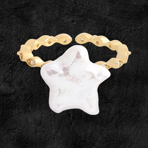 S925 Sterling Silver Star Natural Pearl Ring For Women 18K Gold Plated Irregular Baroque Pearl Adjustable Open Ring Rhinestone Jewelry