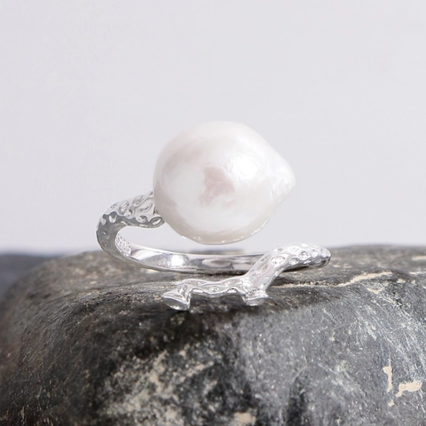 925 Sterling Silver Baroque Artificial Pearl Open Ring For Women Lava Texture Branch Design Adjustable Finger Jewelry
