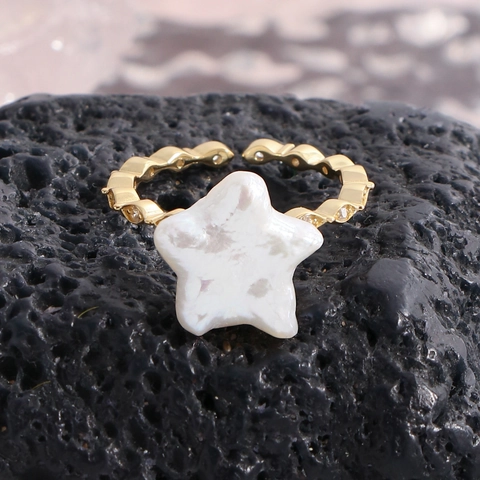 S925 Sterling Silver Star Natural Pearl Ring For Women 18K Gold Plated Irregular Baroque Pearl Adjustable Open Ring Rhinestone Jewelry