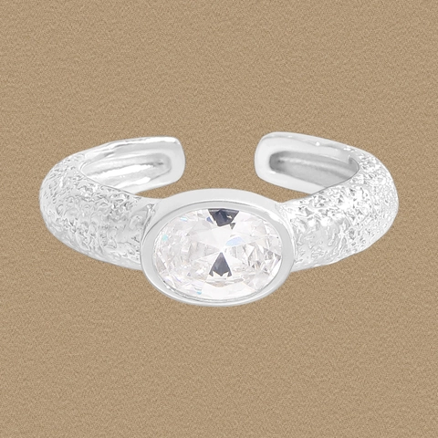 925 Sterlingsilber Verstellbarer Ring Für Damen Minimalist Gehämmerte Textur Oval Zirkonia Fingerring Eleganter Offener Schmuck