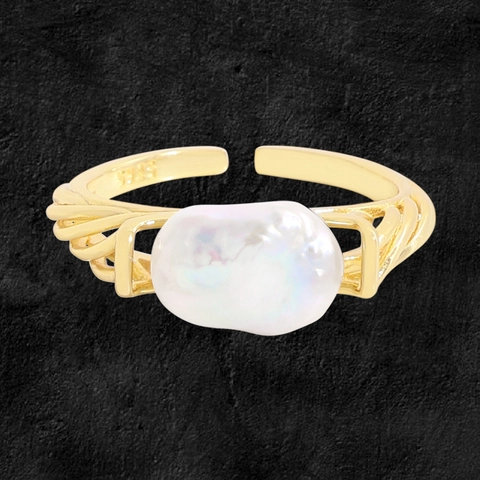 Vintage 18K Vergoldet 925 Sterlingsilber Barock Naturperle Offener Ring Für Damen Eleganter Unregelmäßiger Geometrischer Verstellbarer Fingerring Schmuck