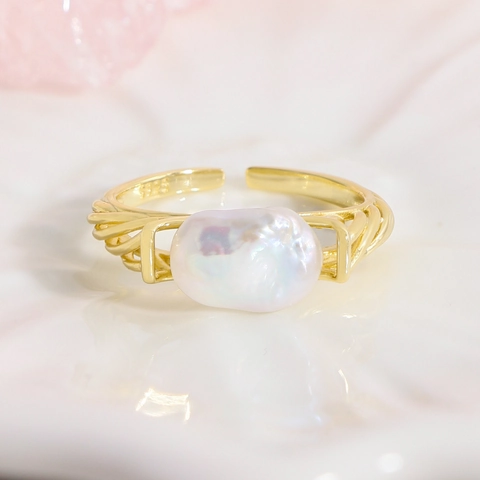 Vintage 18K Vergoldet 925 Sterlingsilber Barock Naturperle Offener Ring Für Damen Eleganter Unregelmäßiger Geometrischer Verstellbarer Fingerring Schmuck