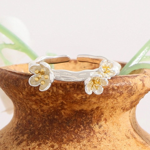 S925 Sterling Silver Flower Petal Open Ring For Women Elegant Nature Branch Adjustable Silver Gold Two Tone Ring Jewelry