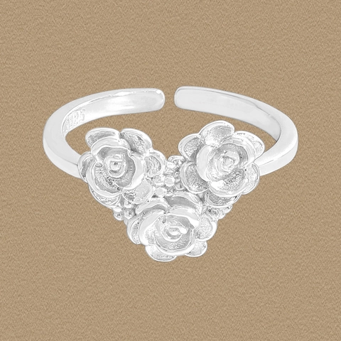 S925 Sterling Silver Camellia Flower Heart Open Ring For Women INS Style Adjustable Minimalist Silver Fashion Jewelry Ring