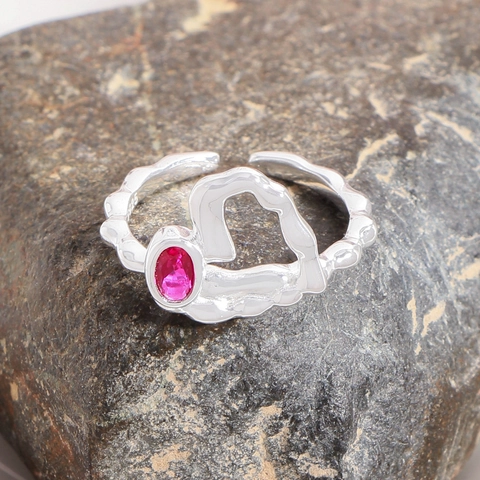 S925 Sterling Silver Irregular Heart Ring For Women Rose Red Zirconia Adjustable Open Ring Fashion Liquid Metal Jewelry