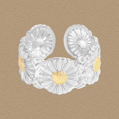 Minimalist S925 Sterling Silver Daisy Open Ring For Women Adjustable Two Tone Gold Plated Flower Finger Ring Jewelry