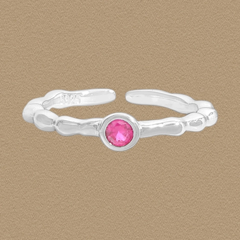 S925 Sterlingsilber Rosarot Zirkonia Offener Ring Damen Verstellbar Gehämmerte Textur Fashion Minimalistischer Schmuck