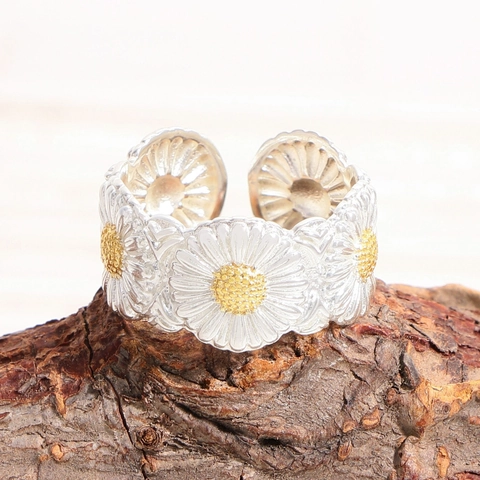 Minimalist S925 Sterling Silver Daisy Open Ring For Women Adjustable Two Tone Gold Plated Flower Finger Ring Jewelry