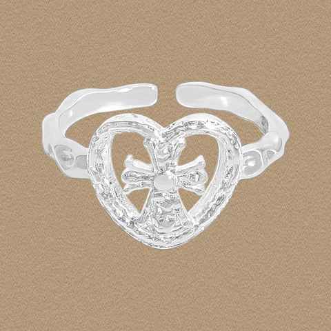S925 Sterling Silber Herz Kreuz Offener Ring Vintage Gehämmerte Textur Verstellbarer Fingerring Für Damen Gothic Modeschmuck