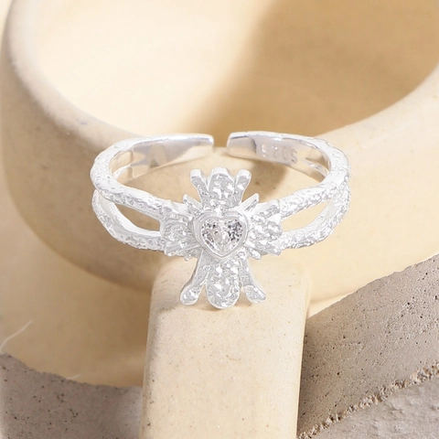 925 Sterling Silver Heart Zirconia Adjustable Open Ring With Hammered Texture Minimalist Vintage Style Jewelry For Women