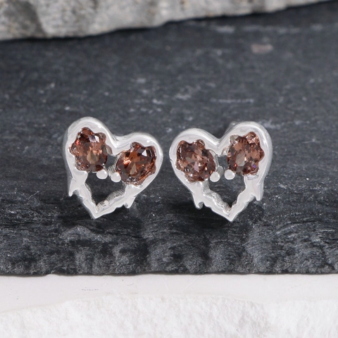 925 Sterling Silver Heart Stud Earrings For Women Brown Rhinestone Luxury Minimalist Design S925 Silver Earrings Jewelry