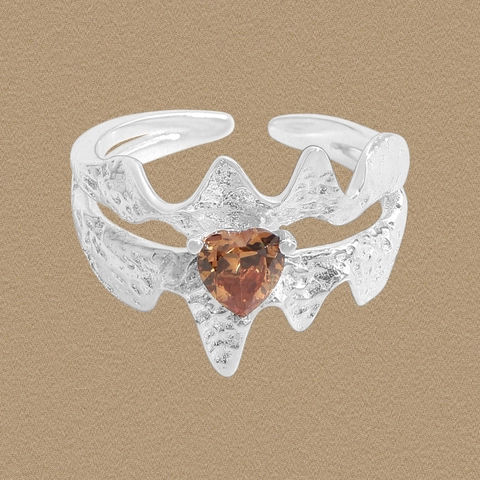 925 Sterling Silver Heart Amber Zirconia Ring Irregular Liquid Metal Lava Texture Adjustable Open Finger Ring Jewelry Gift For Women